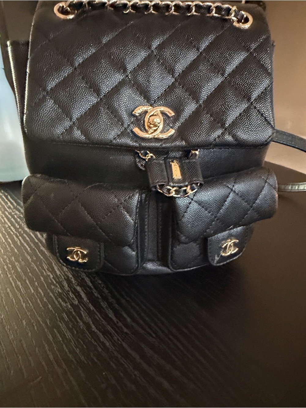 CC Quilted Black Leather Backpack with Gold Hardware